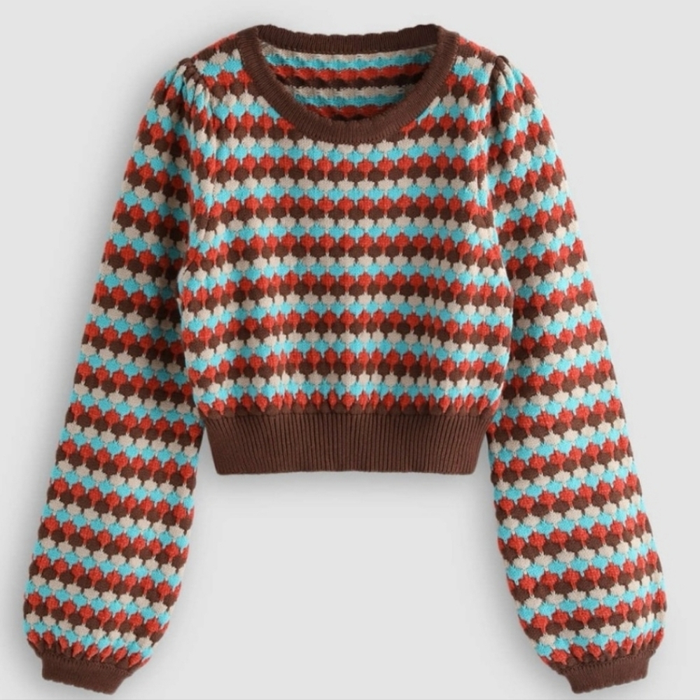Cider Retro Geo Print Cropped Sweater Size Med Brown Teal Rust Knit Pullover